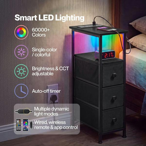 Levede Slim Bedside Table with Charging Station 3 Drawers for Bedroom Black
