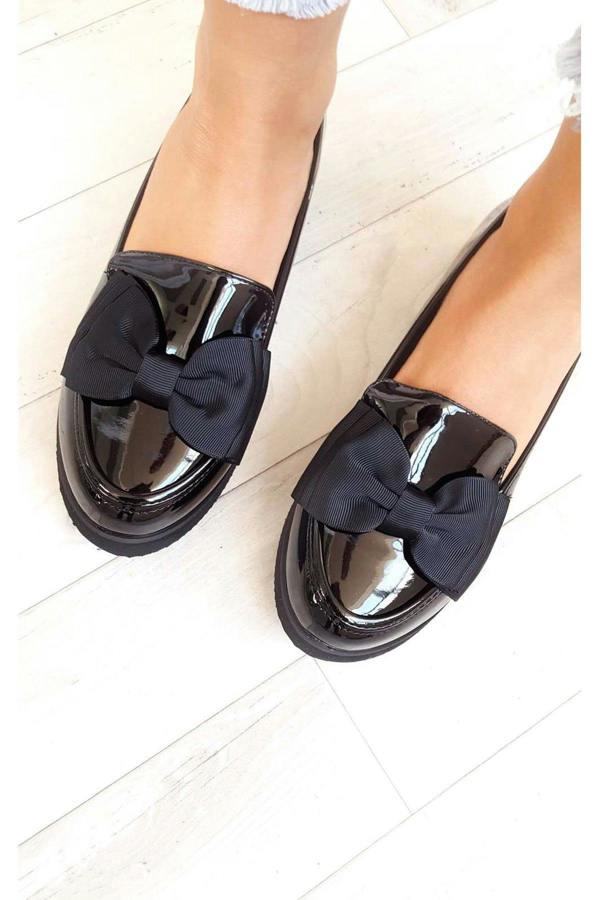 Lucinda Bow Patent Flat Pump Shoe - Black