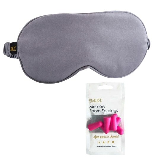 SMUG Satin Sleep Mask - Grey - Sleep Mask & Pink Earplugs