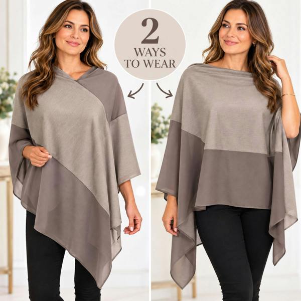 Love EMVY Two Tone Poncho Shawl Wrap with Chiffon – 2 Ways to Wear - Brown