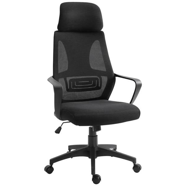 Black ergonomic office chair with headrest, mesh back, armrests, and caster wheels