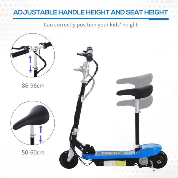 Blue electric kids scooter with adjustable handle height and seat height