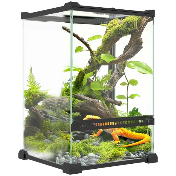 Black-framed reptile vivarium with clear glass panels, mesh top, and vented front base