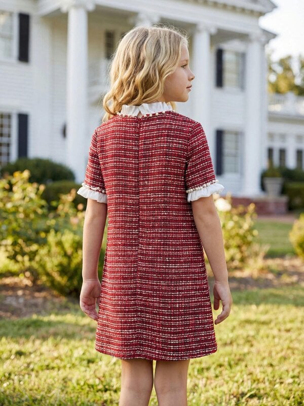 DRESS & Fleur Girls Short Sleeve Tweed Dress in Red