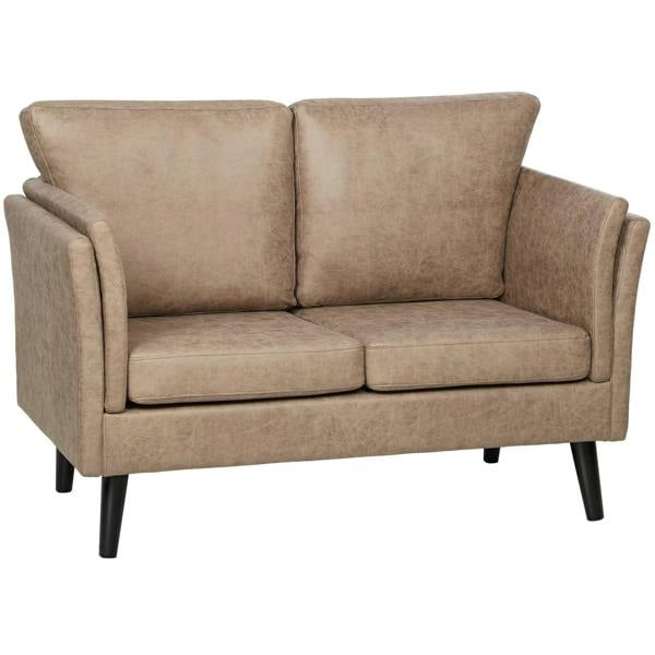 Light brown two-seater upholstered sofa with track arms and tapered wooden legs