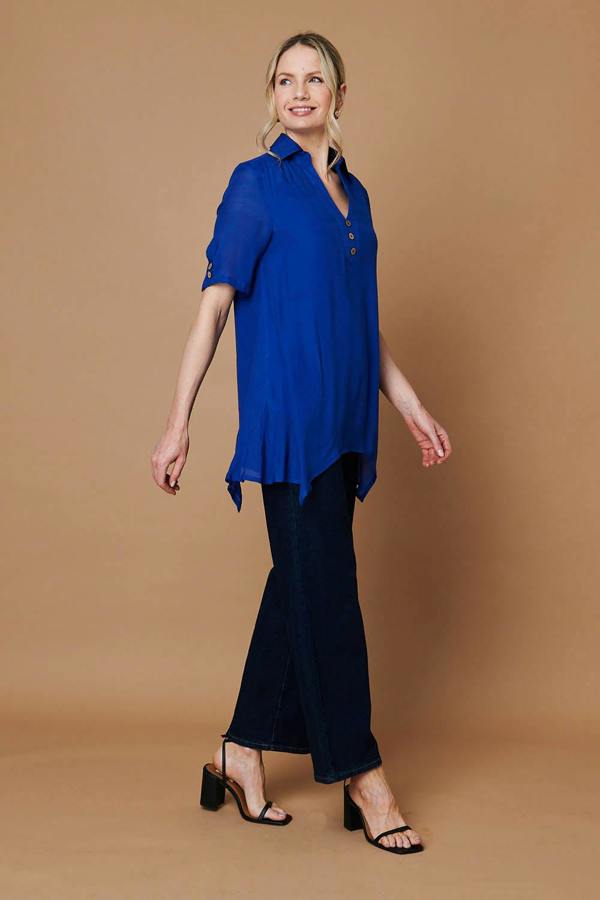 Blue | Semi Sheer Layer Collared Tunic Blouse