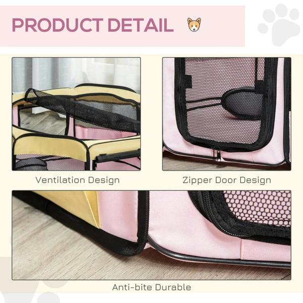 Fabric pet playpen detail: ventilation mesh panels, zip door, and anti-bite durable trim