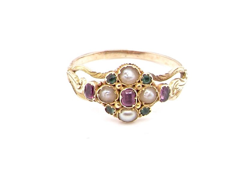 Vintage Tom A pretty Victorian emerald, ruby and pearl dress ring