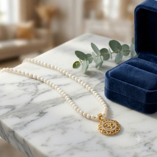 The Colourful Aura Pearl Beaded Om Pendant Necklace, 18ct Gold Plated