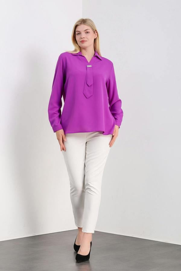 Hoxton Gal Oversized Long Sleeves Shirt Collar Blouse Top with Brooch Detail in Purple