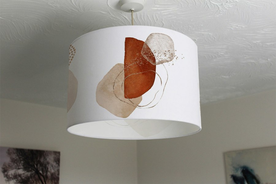 Benjamin Tate Design Terracotta, orange, blush, pink, ivory, beige watercolor Illustration and gold elements (Ceiling & Lamp Shade)