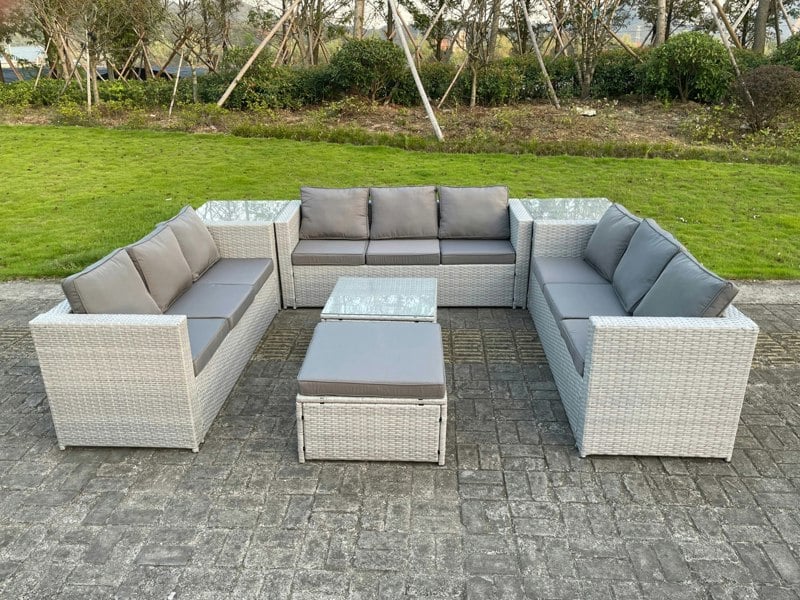 Fimous Rattan Outdoor Garden Furniture Set with 3 Sofas, Coffee Table, 2 Side Tables, 1 Footstool - 10 Seater - Light Grey