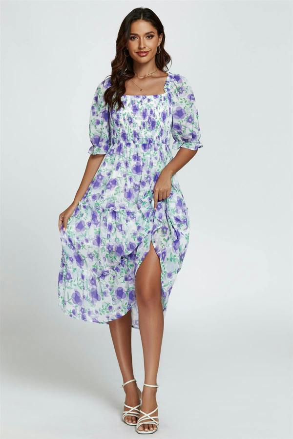 FS Collection Floral Print Bardot Puff Sleeve Elasticated Detail Midi Dress In White