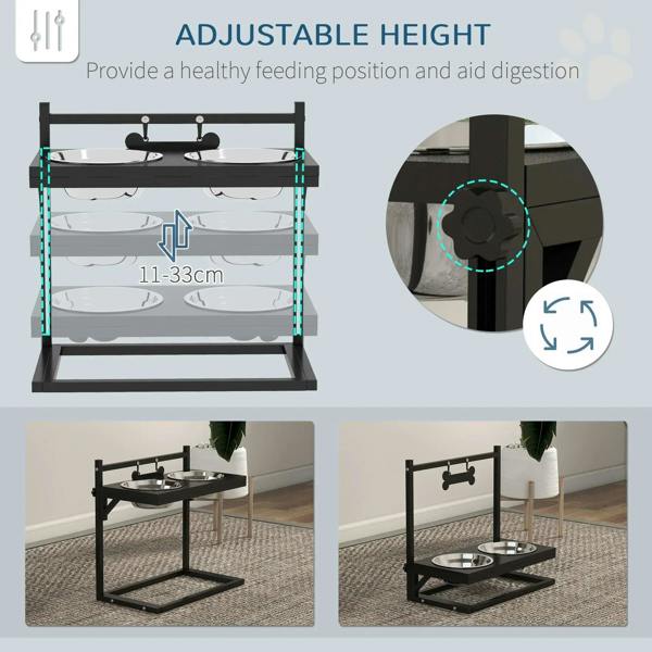 Black adjustable-height dog bowl stand with two stainless steel bowls and height screws