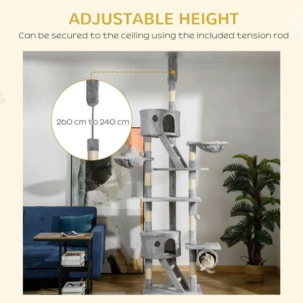 Light grey adjustable cat tree tower shown with ceiling-tension height adjustment feature