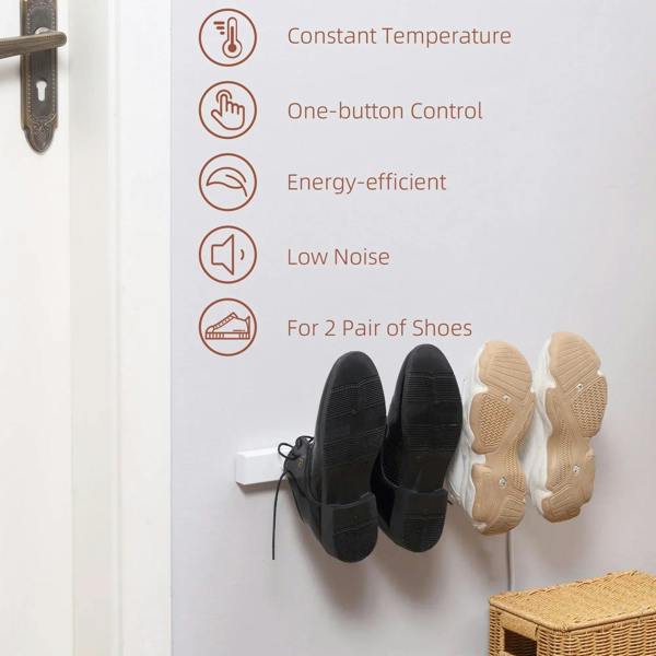 White wall-mounted shoe dryer holding two shoe pairs on U-shaped warmers