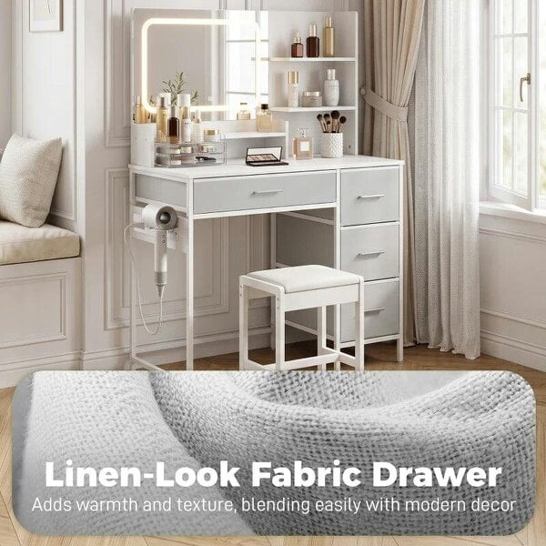 Dressing Table with 3-Colour LED Mirror, Power Outlet, Vanity Desk with 4 Drawers, 5 Shelves, Hair Dryer Holder