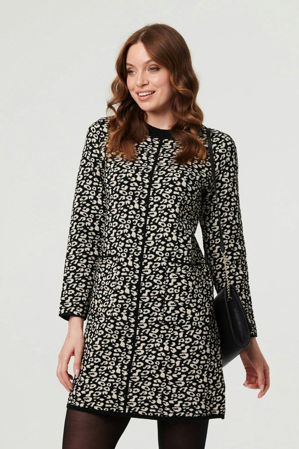 Black | Animal Print Short Knit Shift Dress
