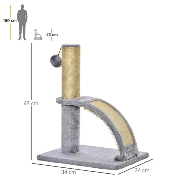 Grey cat climbing tower base, tall sisal post, curved scratching ramp, hanging bell ball