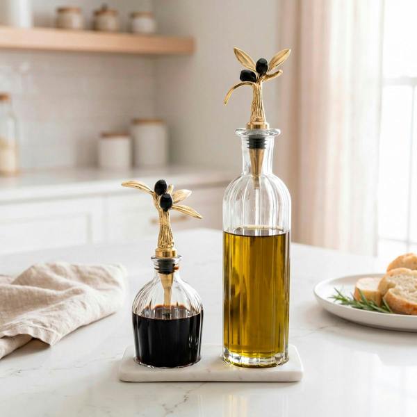 Culinary Concepts Olive Collection Oil & Vinegar Decanter Set on Marble Base