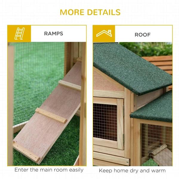 Wooden rabbit hutch details with ramp access and green felt roof panels