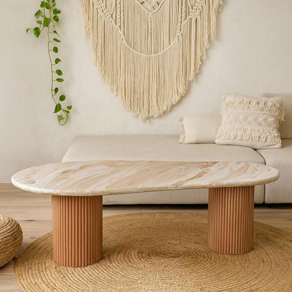 Wyld Haus Boston Natural Oak and Brown Marble Pedestal Coffee Table