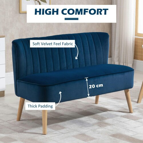 Wyld Haus Haleco Dark Blue Fabric 2 Seater Love Sofa Panel Tufted Back Natural Wooden Legs