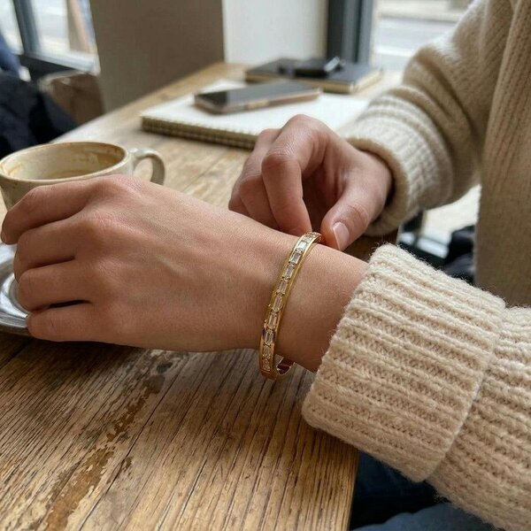 The Colourful Aura 18ct Gold Plated Clear Baguette Crystal Hinged Bangle Bracelet