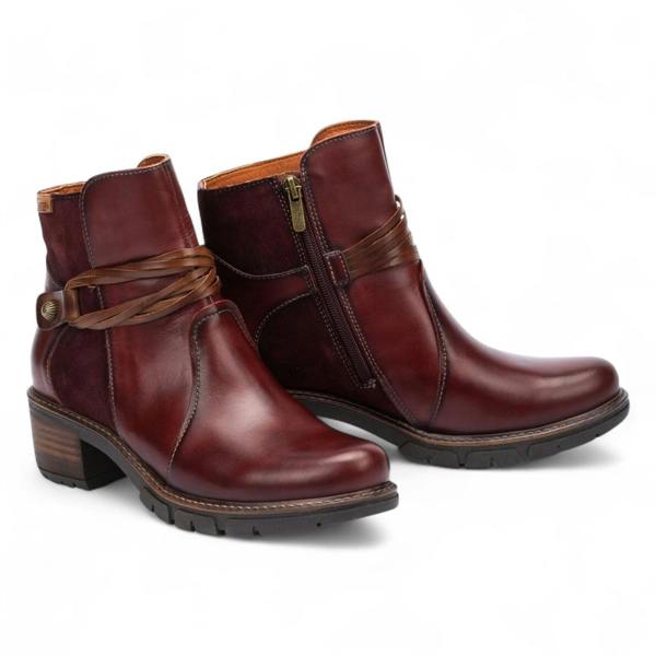 Pikolinos Women’s Arcilla Red Leather Zipped Heel Ankle Boots - San Sebastia
