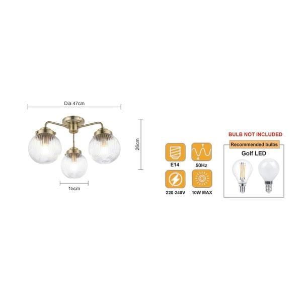 COSYLYTE Finley 3B Bathroom Ribbed Glass Ceiling Light