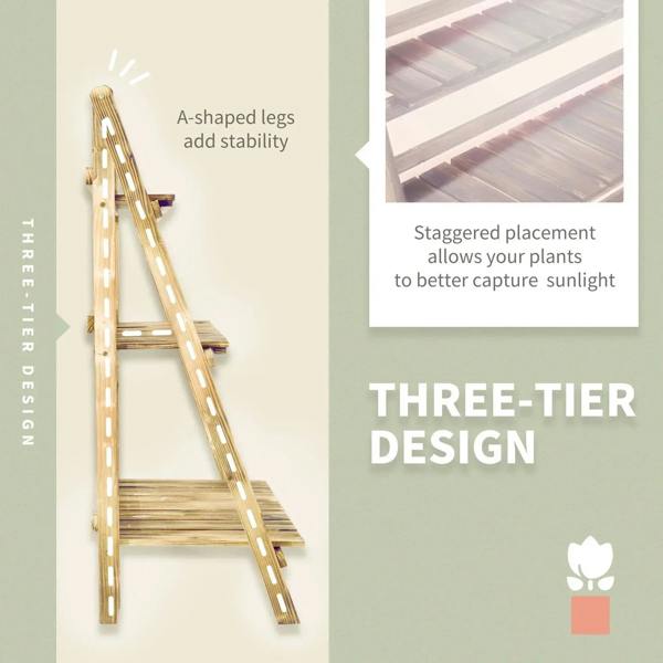 A-frame wooden three-tier plant stand with slatted shelves and folding ladder legs.