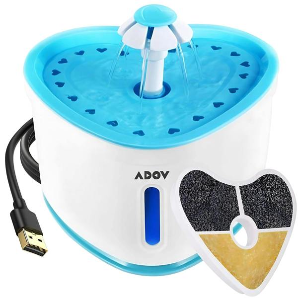 ADOV Cat Water Fountain, USB Powered 2.4L Pet Drinking Fountain with Water Level Window and Filter