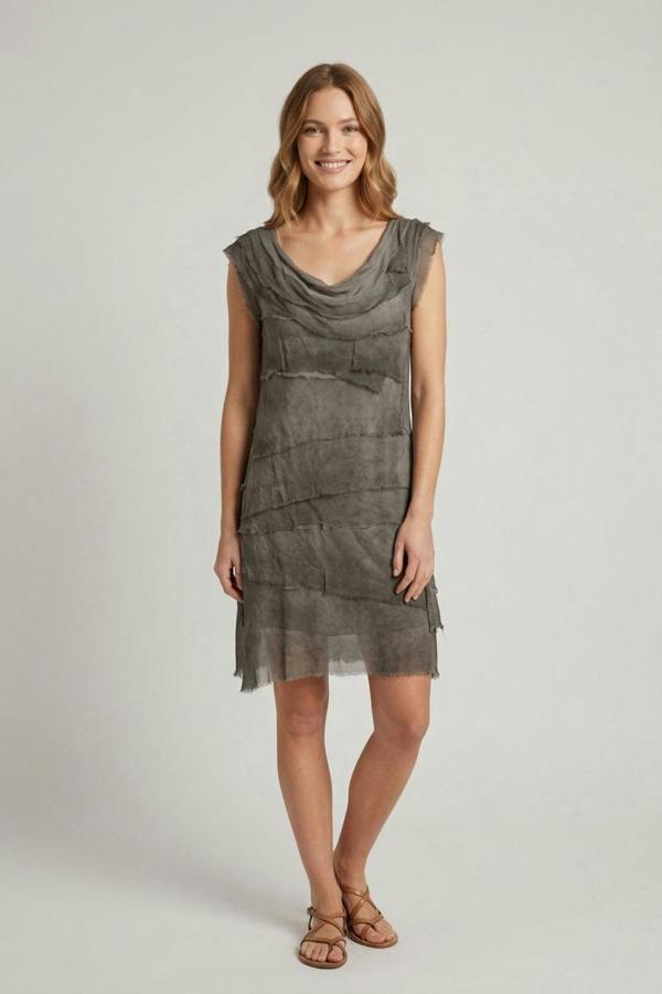 Grey | Semi Sheer Texture Tiered Short Dress