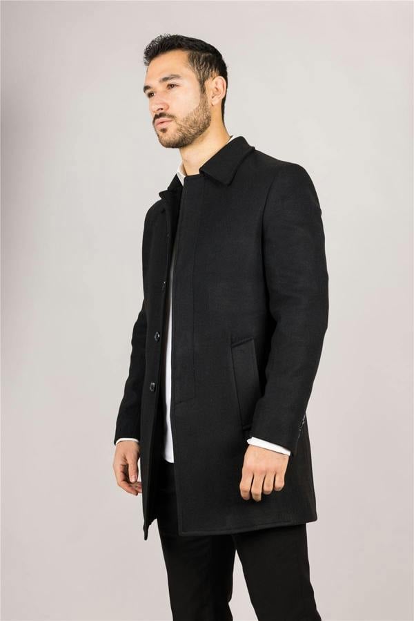 Infinity Leather Men's Wool Blend Classic Collar Black Overcoat