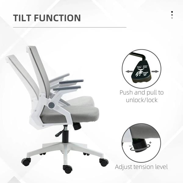 Grey mesh chair with tilt function, flip-up armrests, and swivel base with wheels