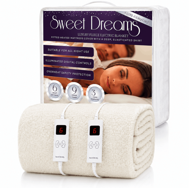 Sweet Dreams Luxury Fleece Electric Blanket King Size, Machine Washable Underblanket, Digital Control, Overheat Protection