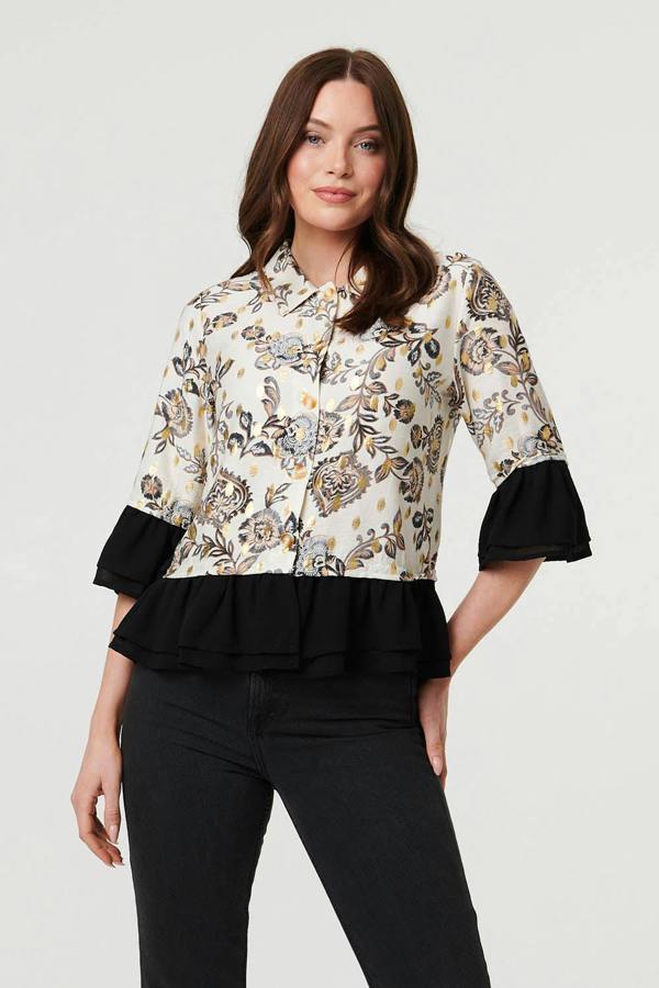 Cream | Floral Contrast Trim 3/4 Sleeve Jacket