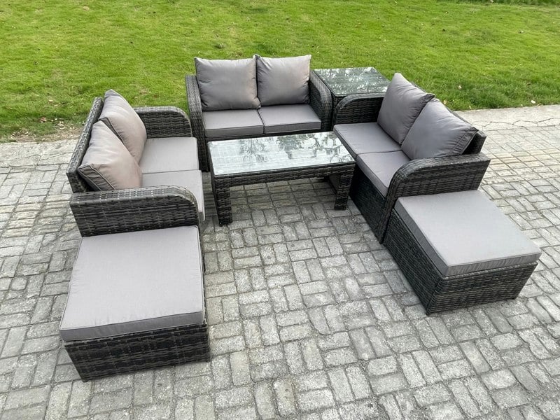 Fimous 7-Piece Rattan Garden Furniture Set - Dark Grey Mixed Wicker Sofa with Rectangular Coffee Table & 2 Big Footstools