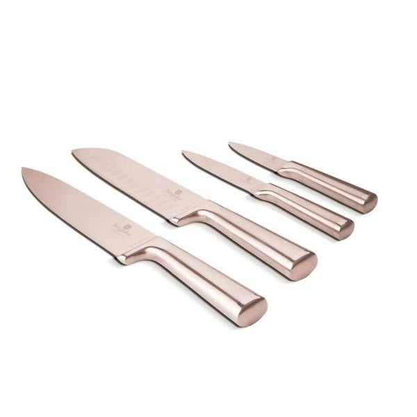 Berlinger Haus 4-Piece Knife Set in Rose Gold with Chef, Santoku, Utility, and Paring Knives displayed against a plain background.