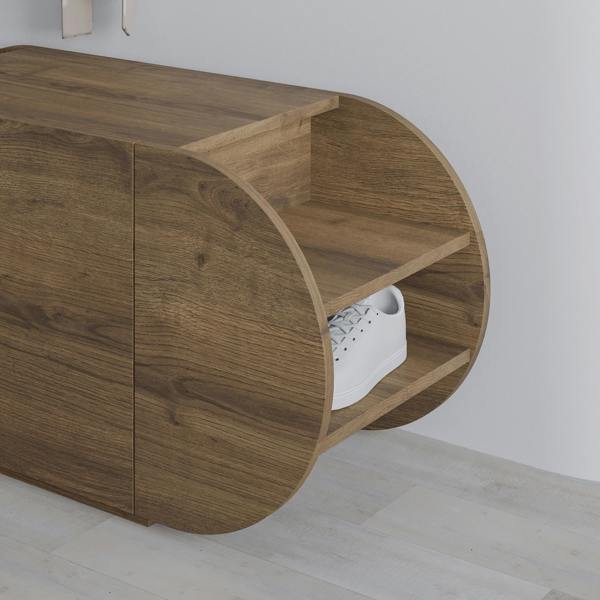 Decortie Modern Pozy Shoe Bench Storage 110(W)cm Oval Shape 3-Door Minimal Organiser for Office, Hallway