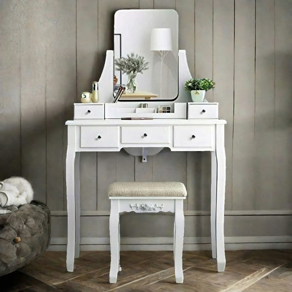 Rafaelo Mobilia 5 Drawer White Dressing Table With Mirror And Stool