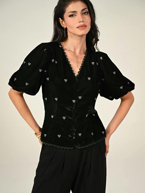 Rose & Nancy Illy Green Embroidered Heart Velvet Skirt