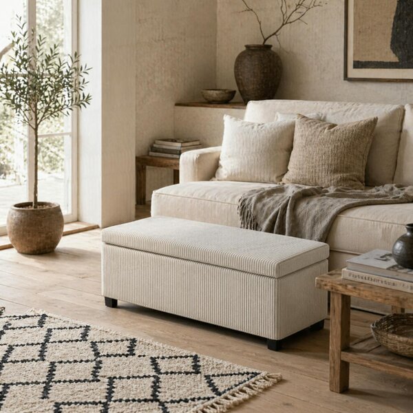 Wyld Haus Toha Beige Corduroy Storage Ottoman Bench With Removable Lid