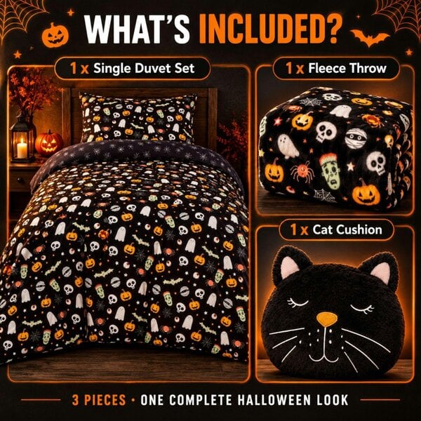 Smart Living 3 Piece Halloween Bedding WOW DEAL - Single Duvet Set + Fleece Throw + Cat Cushion