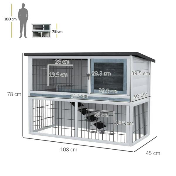Two-tier grey wooden hutch with front doors, showing height and width measurements