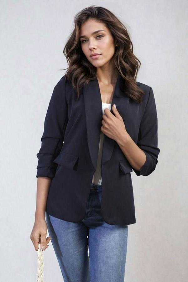 Valerie Ruched Sleeve Open Front Blazer Jacket With Front Pockets - Navy