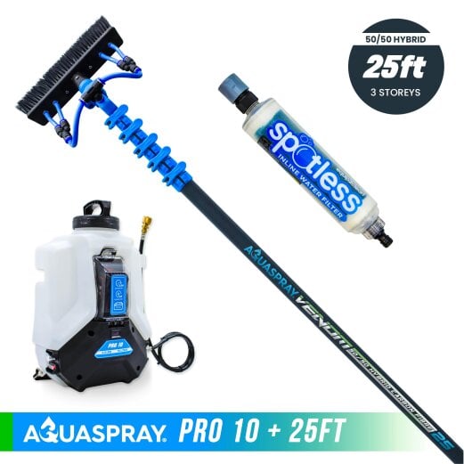 Equip2clean Aquaspray® Venom 50/50 Hybrid Water-Fed Pole & Spray Tank Pack | 18ft–30ft - Aquaspray Pro 10L Backpack - 25ft