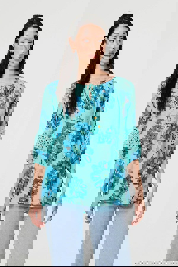 Blue | Floral Lace Trim Tie Front Bardot Blouse
