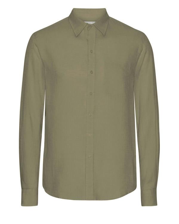 Colorful Standard Mens Long Sleeve Linen Shirt - Dusty Olive - CHO - Designer Mens Long Sleeve Shirts