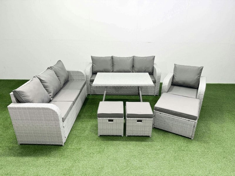 Fimous 7 Pieces Outdoor PE Rattan Garden Furniture with Cushions Reclining Chair 3 Stool Light Grey